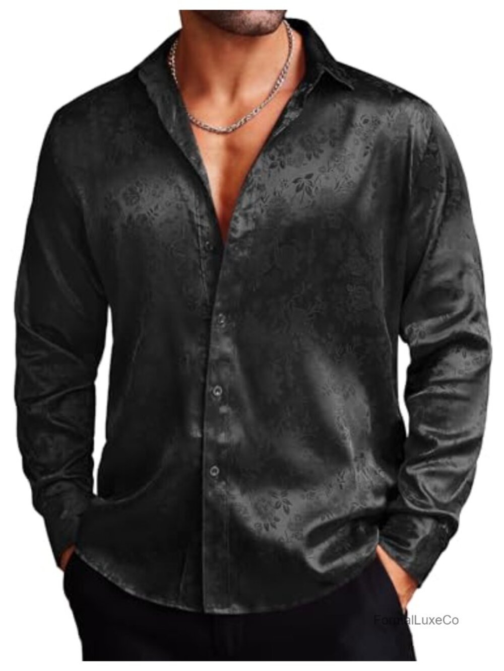 Silk Satin Jacquard Floral Button Up Dress Shirt Men Slim Fit Long Sleeve Party